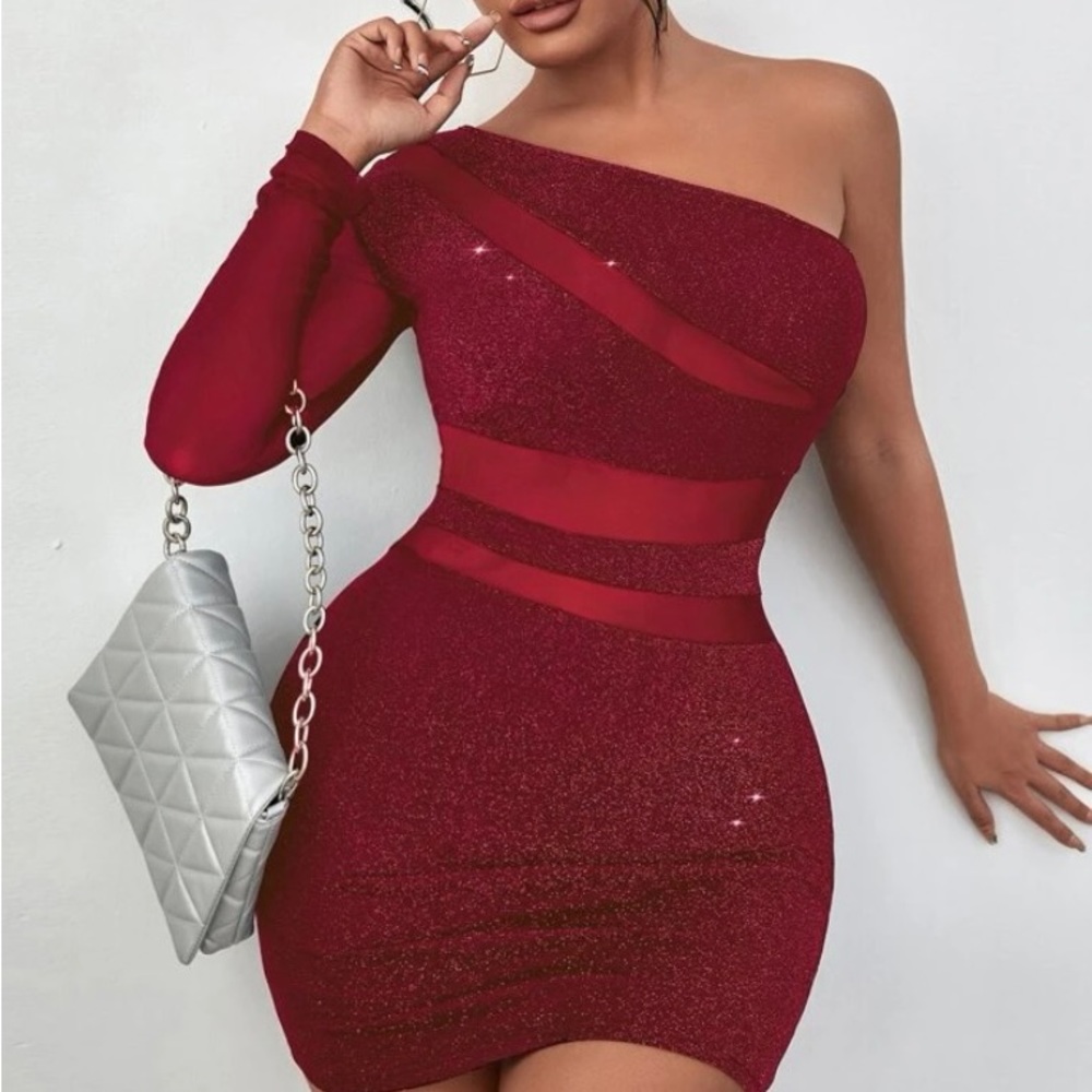 Sexy Glitter Contrast Mesh One Shoulder Dress